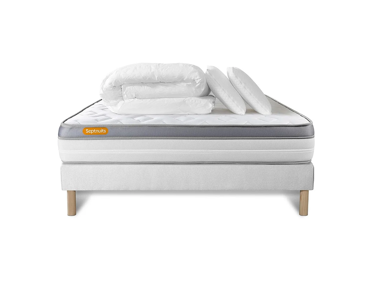 Pack matelas + sommier 140x200 Memo Zen Mousse à mémoire de forme 5 zones de confort MAXI épaisseur + Couette + 2 oreillers