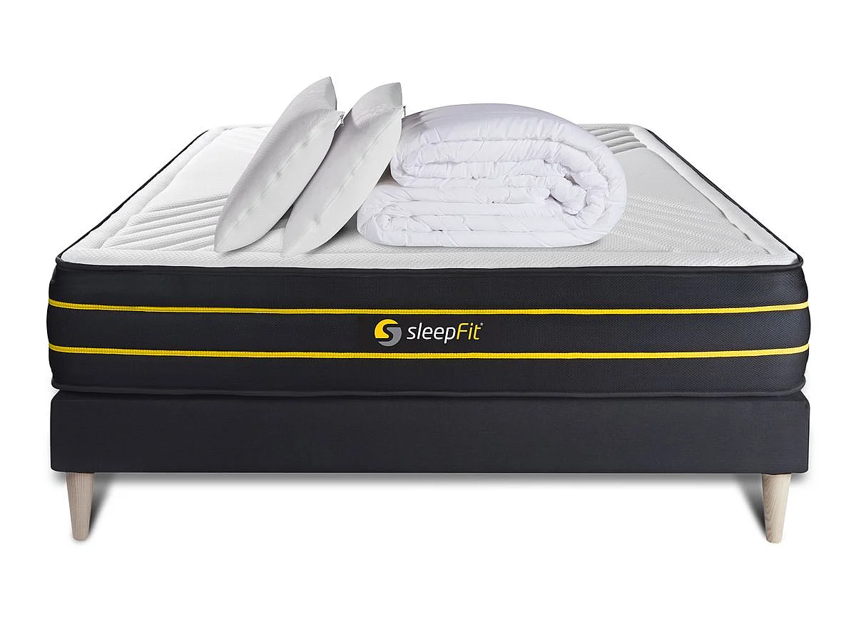 Pack matelas ULTRA 140x190 + sommier noir + Couette + 2 oreillers