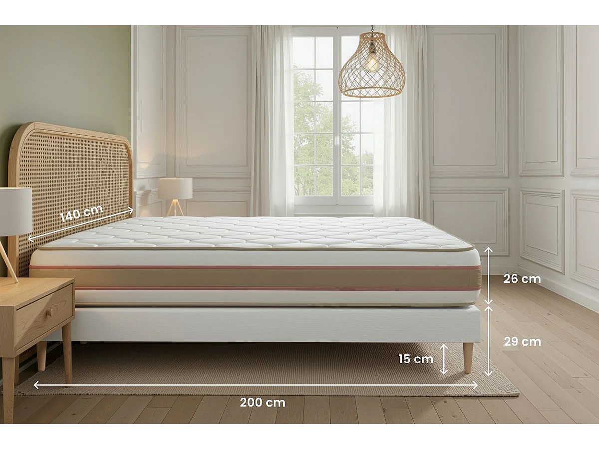 Pack prêt à dormir matelas LE DÉLICAT 140x200cm Ressorts ensachés + Mémoire de forme + sommier kit Blanc