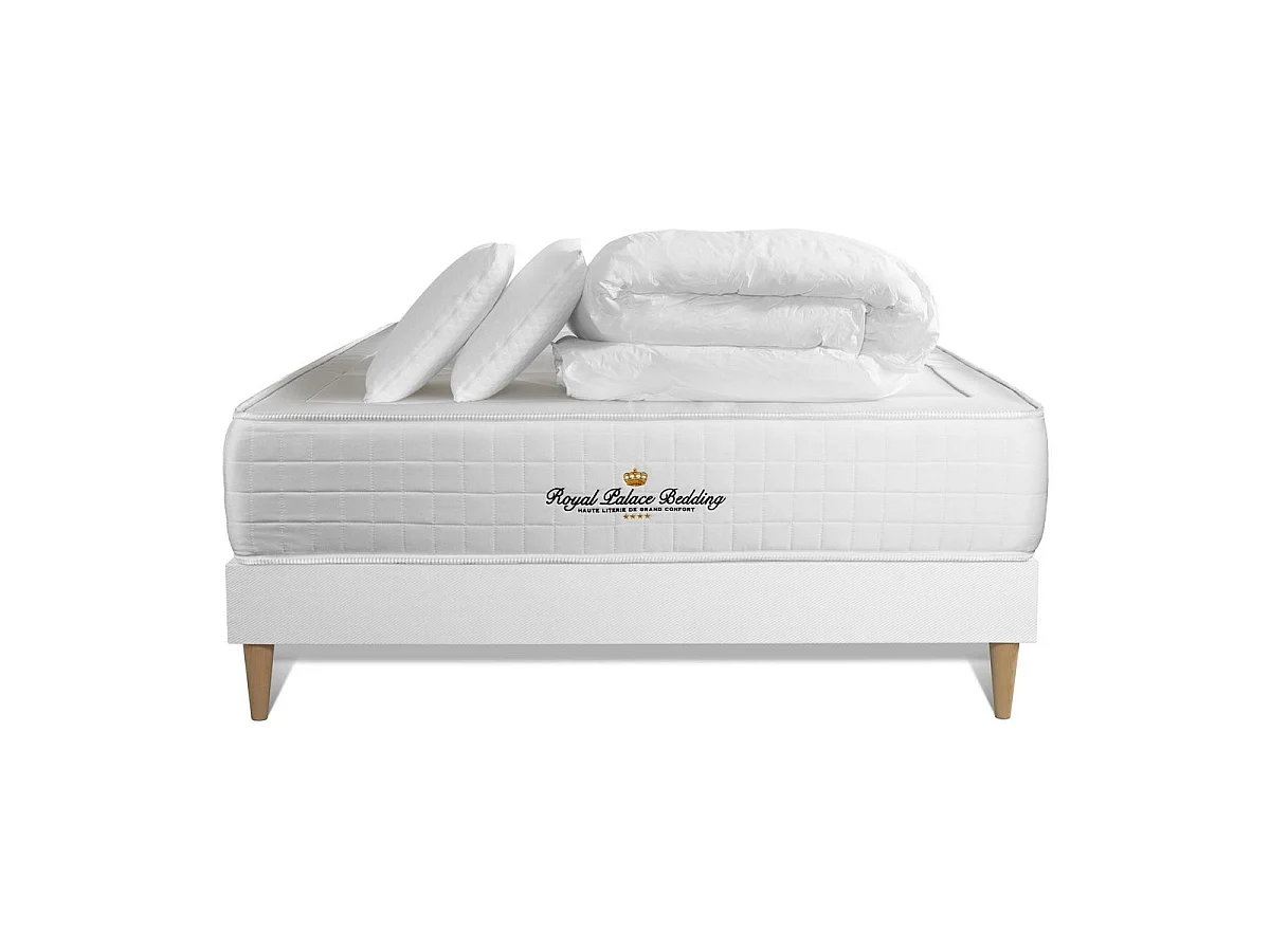 Pack matelas ressorts ensachés sommier KIT blanc + mémoire de forme maxi épaisseur Windsor 140x190cm + 2 oreillers + 1 couette 2