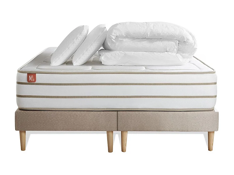 Pack prêt à dormir matelas LE DOUILLET 200x200cm Mémoire de forme BioVisco + double sommiers Beige + 2 oreillers + couette