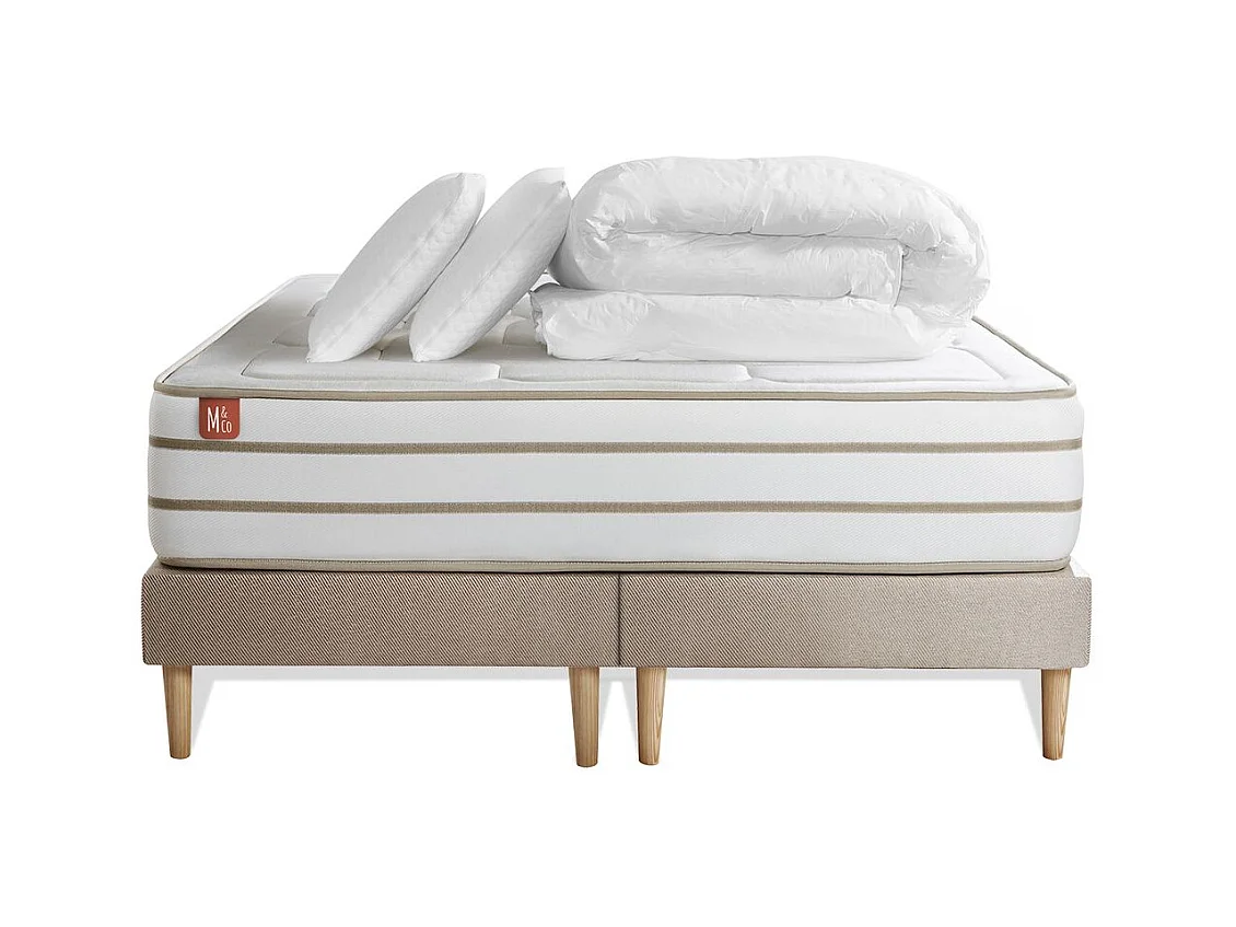 Pack prêt à dormir matelas LE DOUILLET 200x200cm Mémoire de forme BioVisco + double sommiers Beige + 2 oreillers + couette