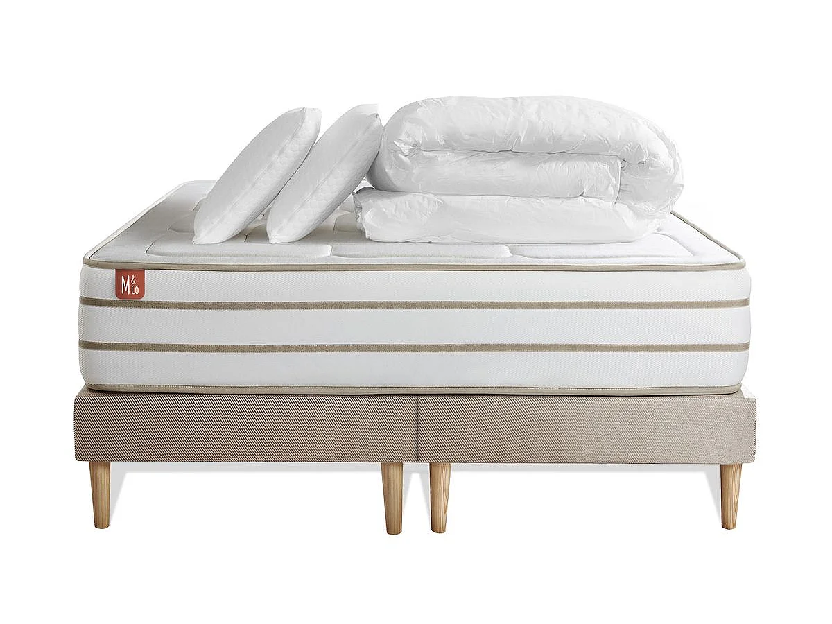 Pack prêt à dormir matelas LE DOUILLET 200x200cm Mémoire de forme BioVisco + double sommiers Beige + 2 oreillers + couette