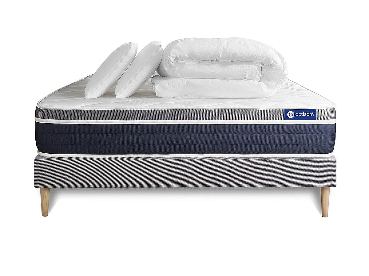 Pack prêt à dormir ACTIFLEX CONFORT Matelas Ressorts ensachés+mémoire de forme 140x200 + sommier KIT gris +2oreillers+couette