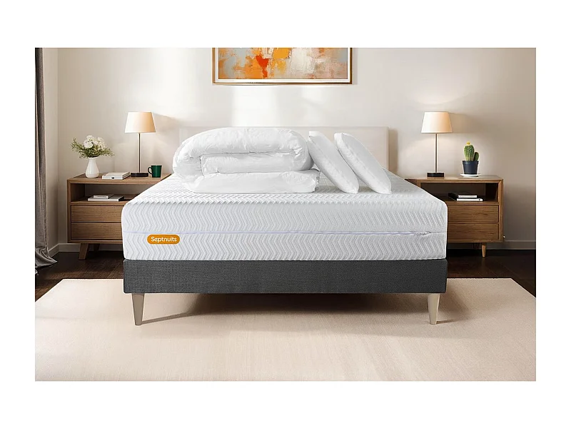 PACK Matelas + sommier kit gris 160x200 Memo Bio Mousse à mémoire de forme Maxi épaisseur + Couette + 2 oreillers