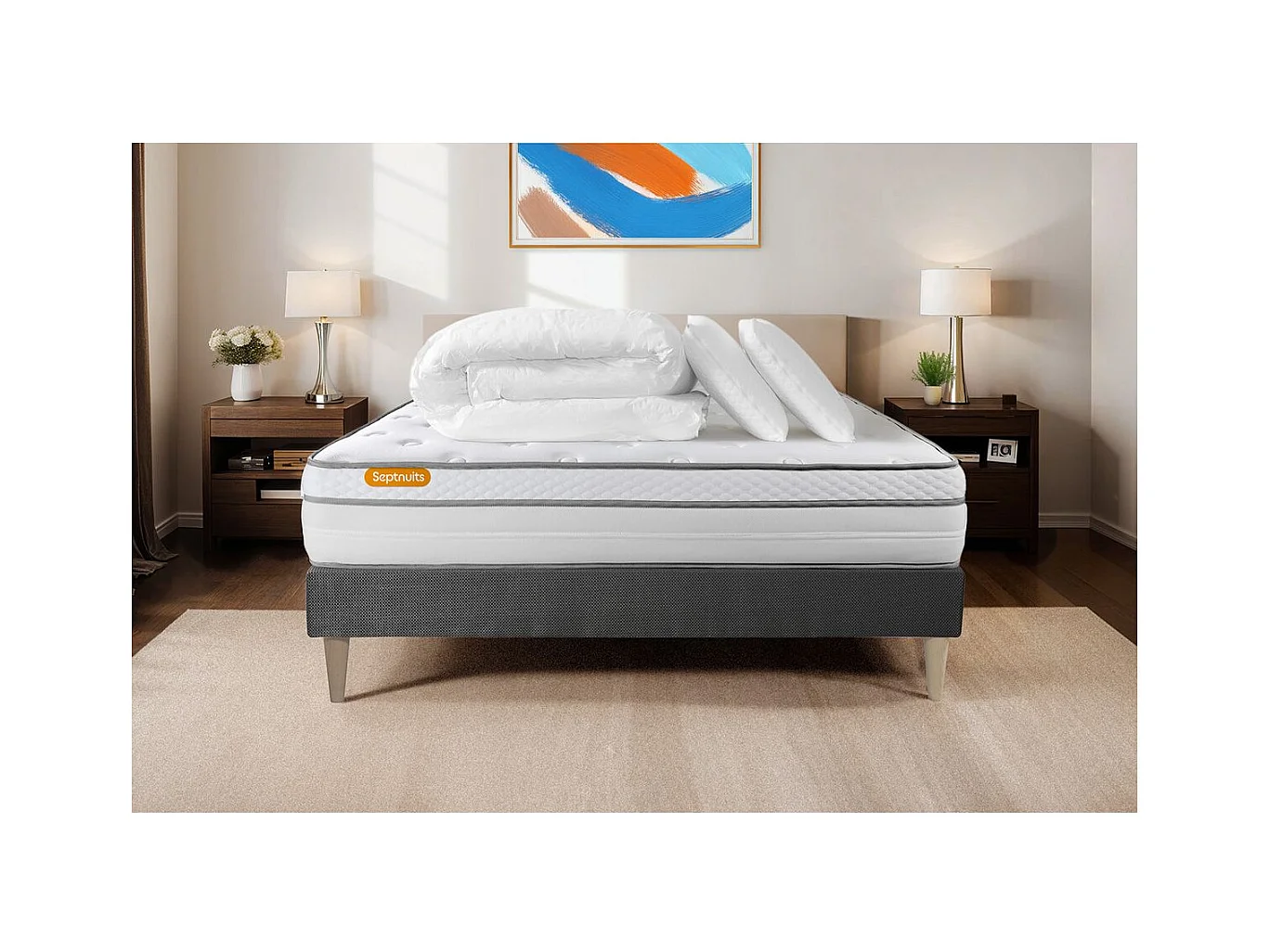 Pack matelas + sommier gris 140x200 Memo Luxe Ressorts ensachés + mémoire de forme 5 zones de confort MAXI épaisseur