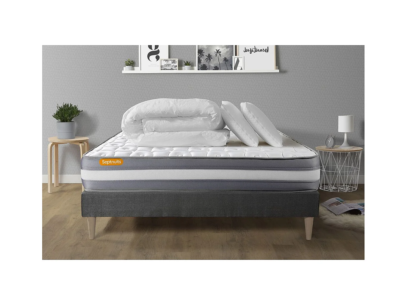 PACK matelas + sommier kit gris 140x190 Memo Plus Mémoire de forme + 2 oreillers + couette