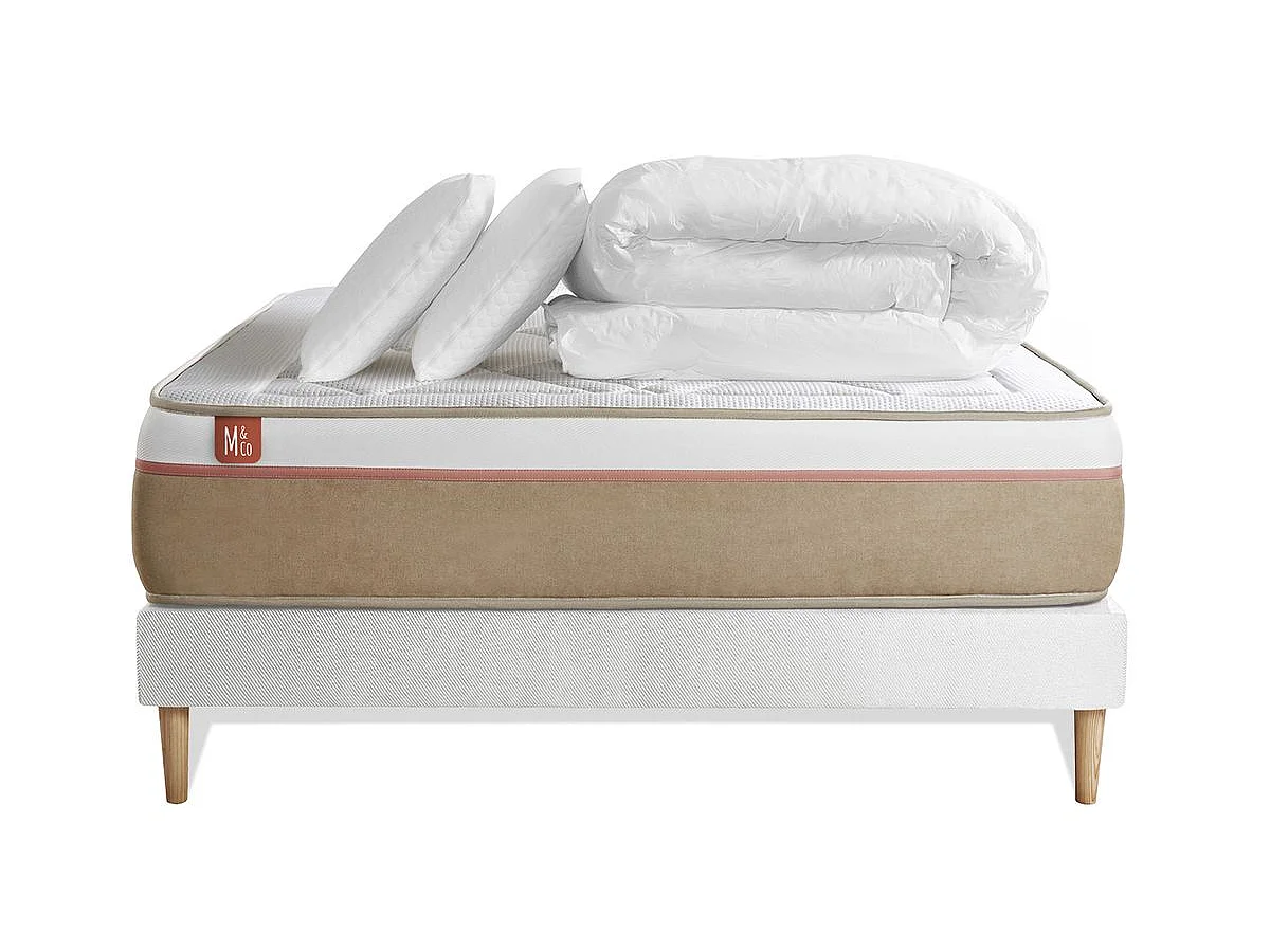 Pack prêt à dormir matelas LE SOYEUX 200x200cm Ressorts ensachés + Mémoire de forme BioVisco + sommier kit Blanc