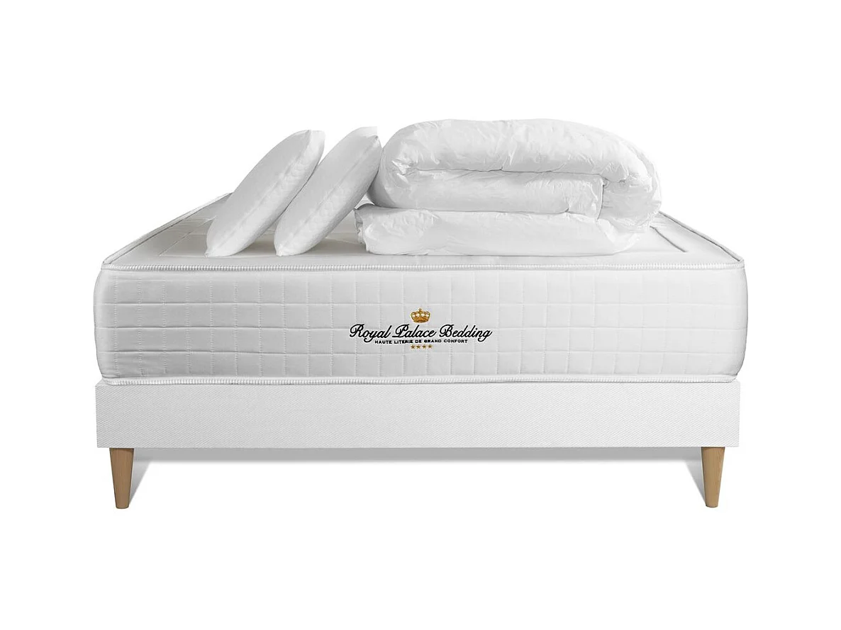 Pack matelas ressorts ensachés + mémoire de forme maxi épaisseur Windsor 140x200cm + 2 oreillers + 1 couette 240x220cm