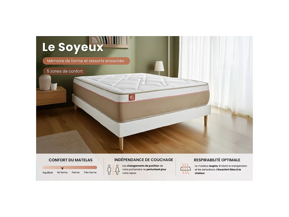 Matelas LE SOYEUX 140x200cm Ressorts ensachés + Mémoire de forme BioVisco - Ep. 24cm