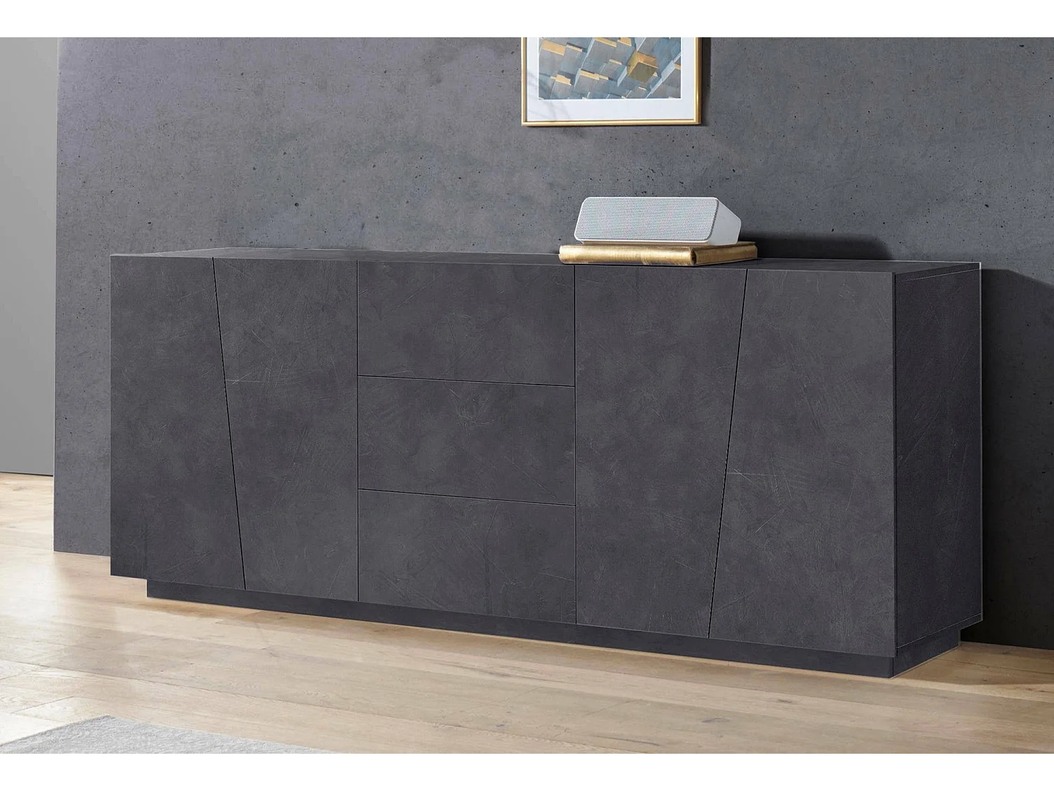 Buffet Dmicill, Buffet de cuisine avec 4 portes et 3 tiroirs, Buffet de salon, 100% Made in Italy, 220x43h86 cm, Ardoise