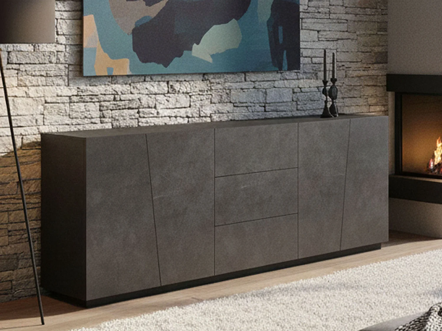 Buffet Dmicill, Buffet de cuisine avec 4 portes et 3 tiroirs, Buffet de salon, 100% Made in Italy, 220x43h86 cm, Ardoise