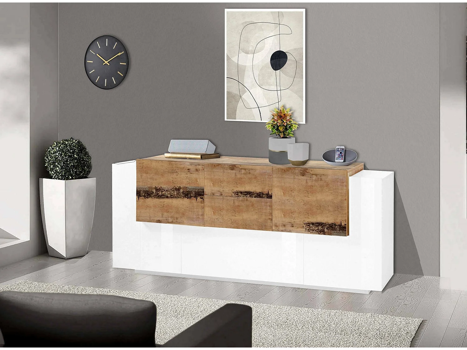 Buffet Dbaian, Buffet de cuisine avec 5 portes et 2 tiroirs, Buffet de salon, Buffet de cuisine, 100% Made in Italy, 220x45h86 cm, Blanc brillant et érable