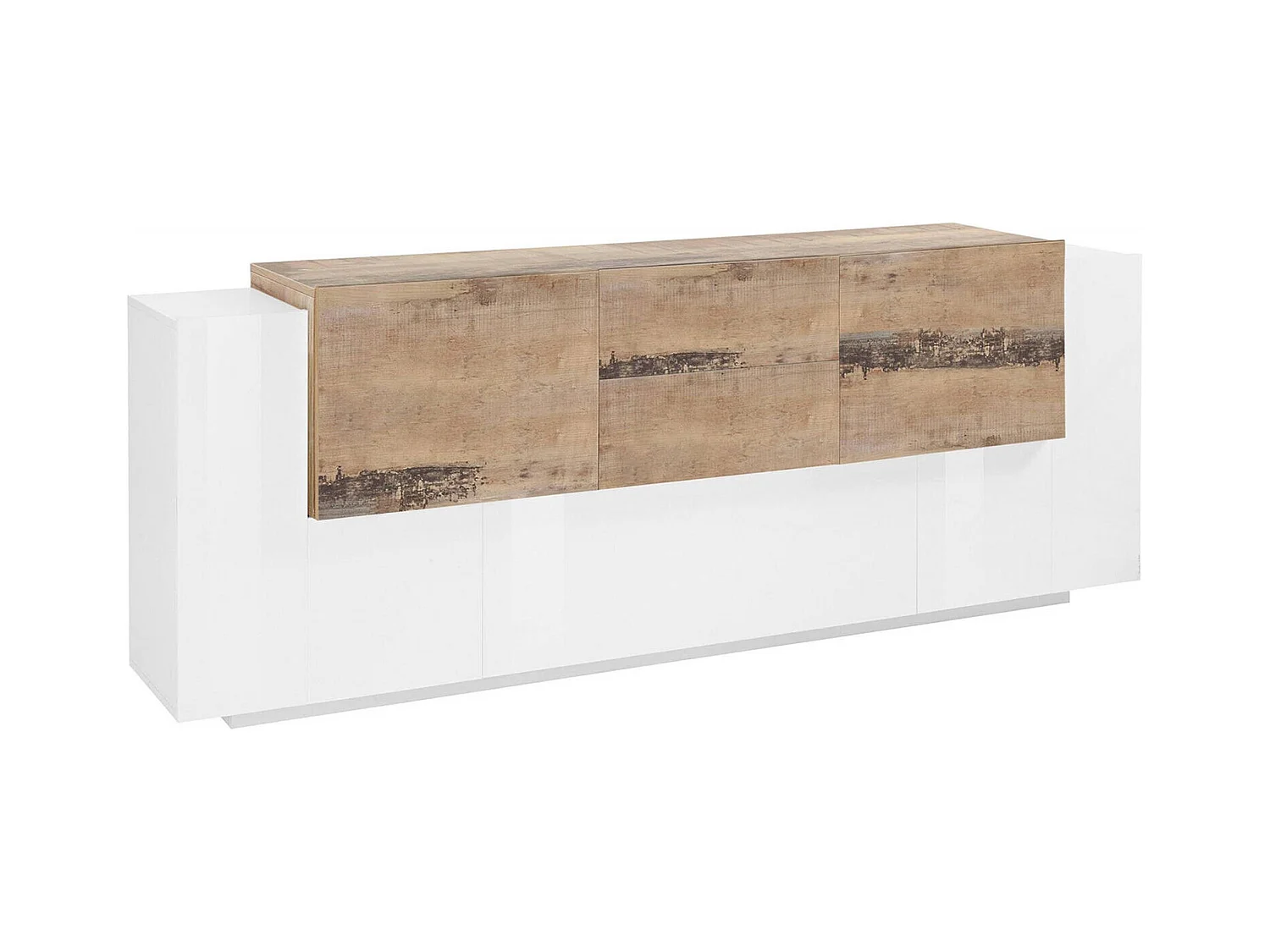 Buffet Dbaian, Buffet de cuisine avec 5 portes et 2 tiroirs, Buffet de salon, Buffet de cuisine, 100% Made in Italy, 220x45h86 cm, Blanc brillant et érable