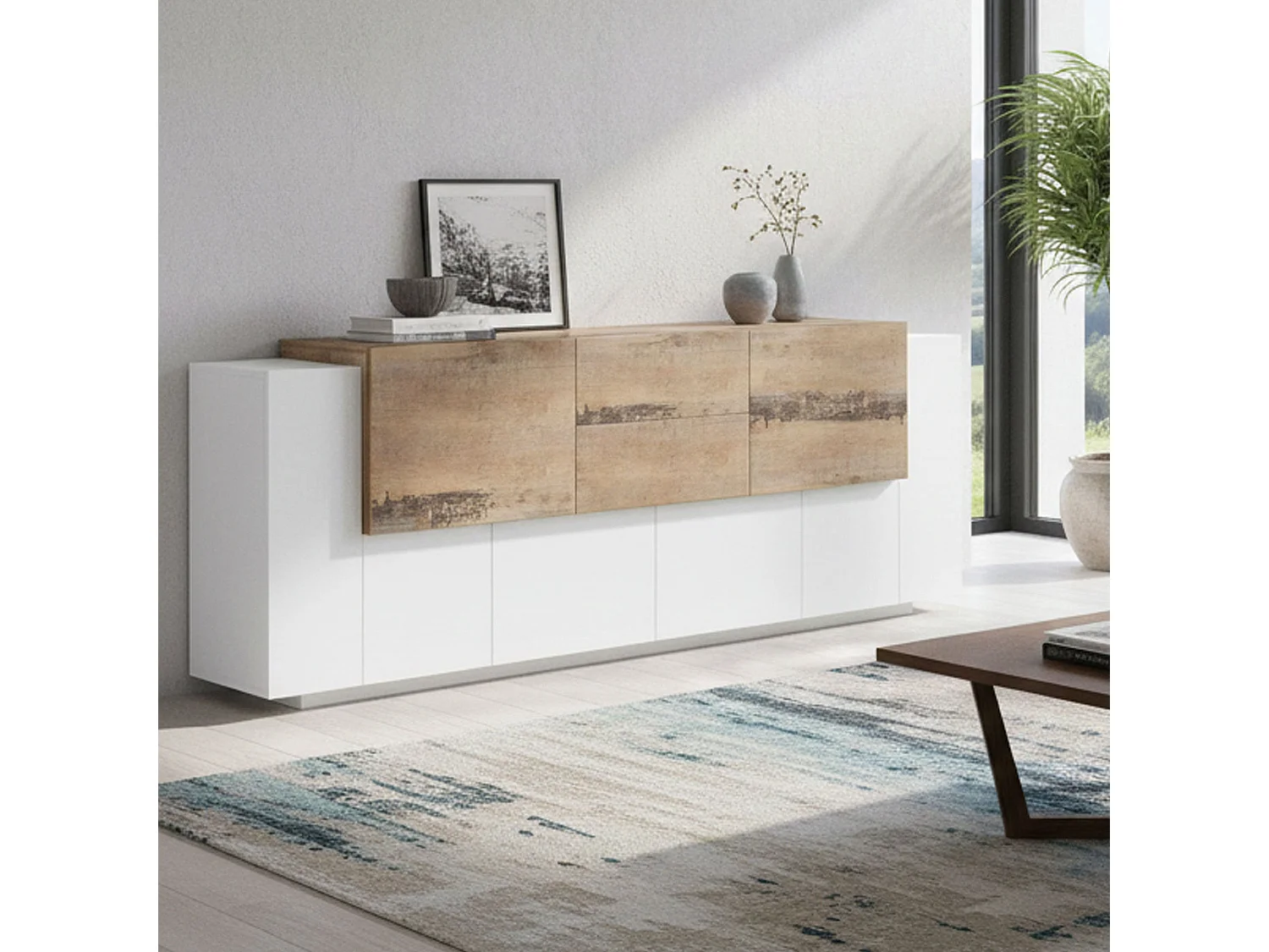 Buffet Dbaian, Buffet de cuisine avec 5 portes et 2 tiroirs, Buffet de salon, Buffet de cuisine, 100% Made in Italy, 220x45h86 cm, Blanc brillant et érable