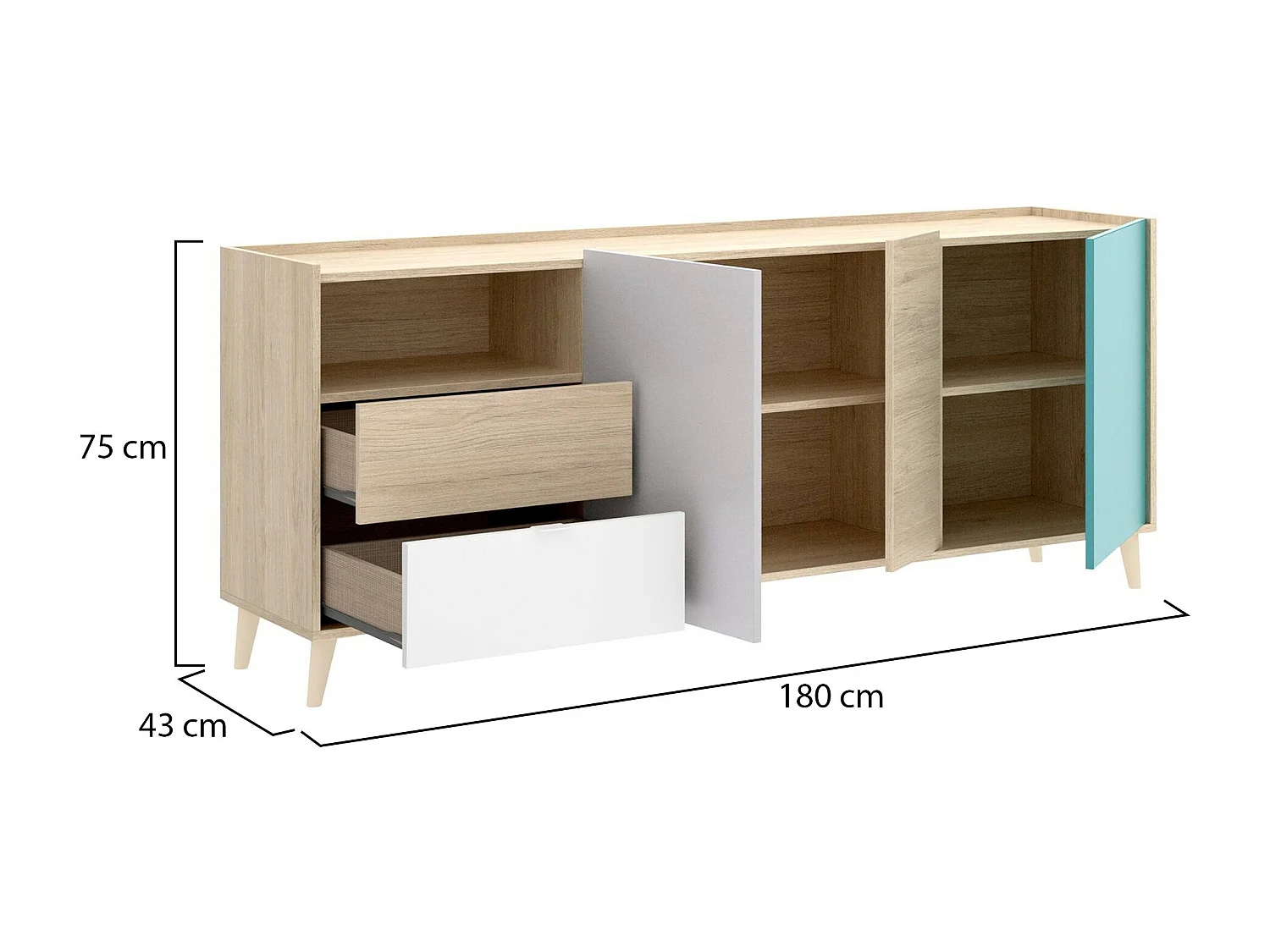 Buffet Dguerin, Buffet de salon, Buffet de salon moderne avec 3 portes, 180x43h75 cm, Chêne et Gris