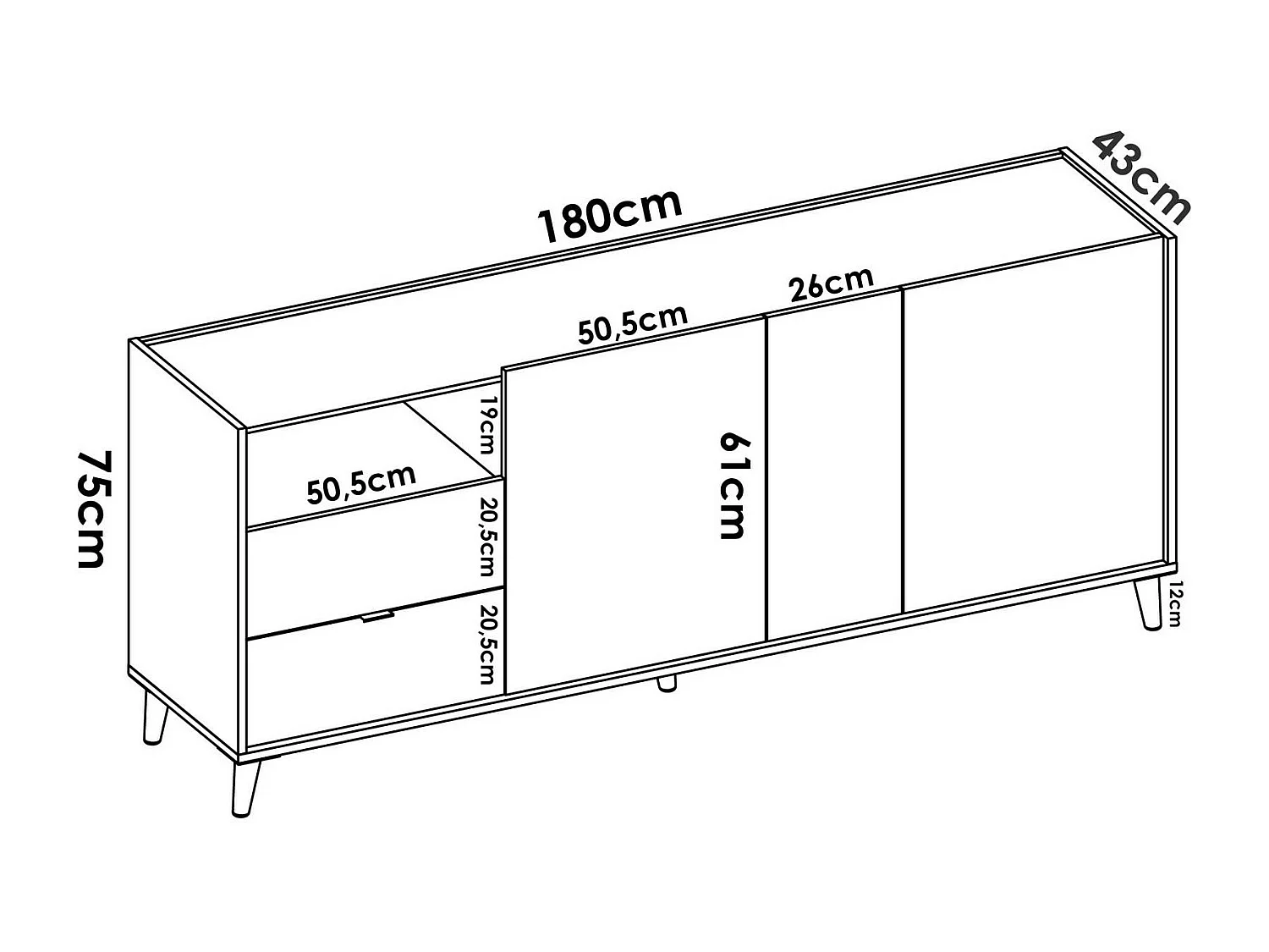 Aparador Dguerin, Buffet para salón, Aparador moderno para salón con 3 puertas, 180x43h75 cm, Roble y Gris
