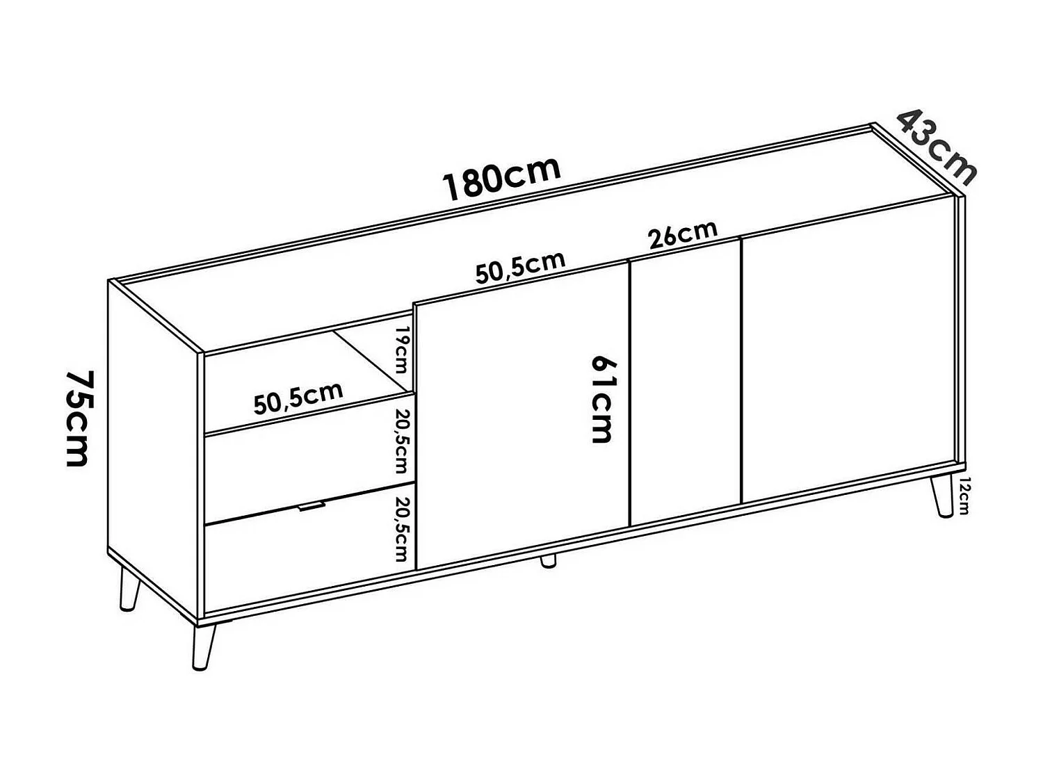 Buffet Dguerin, Buffet de salon, Buffet de salon moderne avec 3 portes, 180x43h75 cm, Chêne et Gris