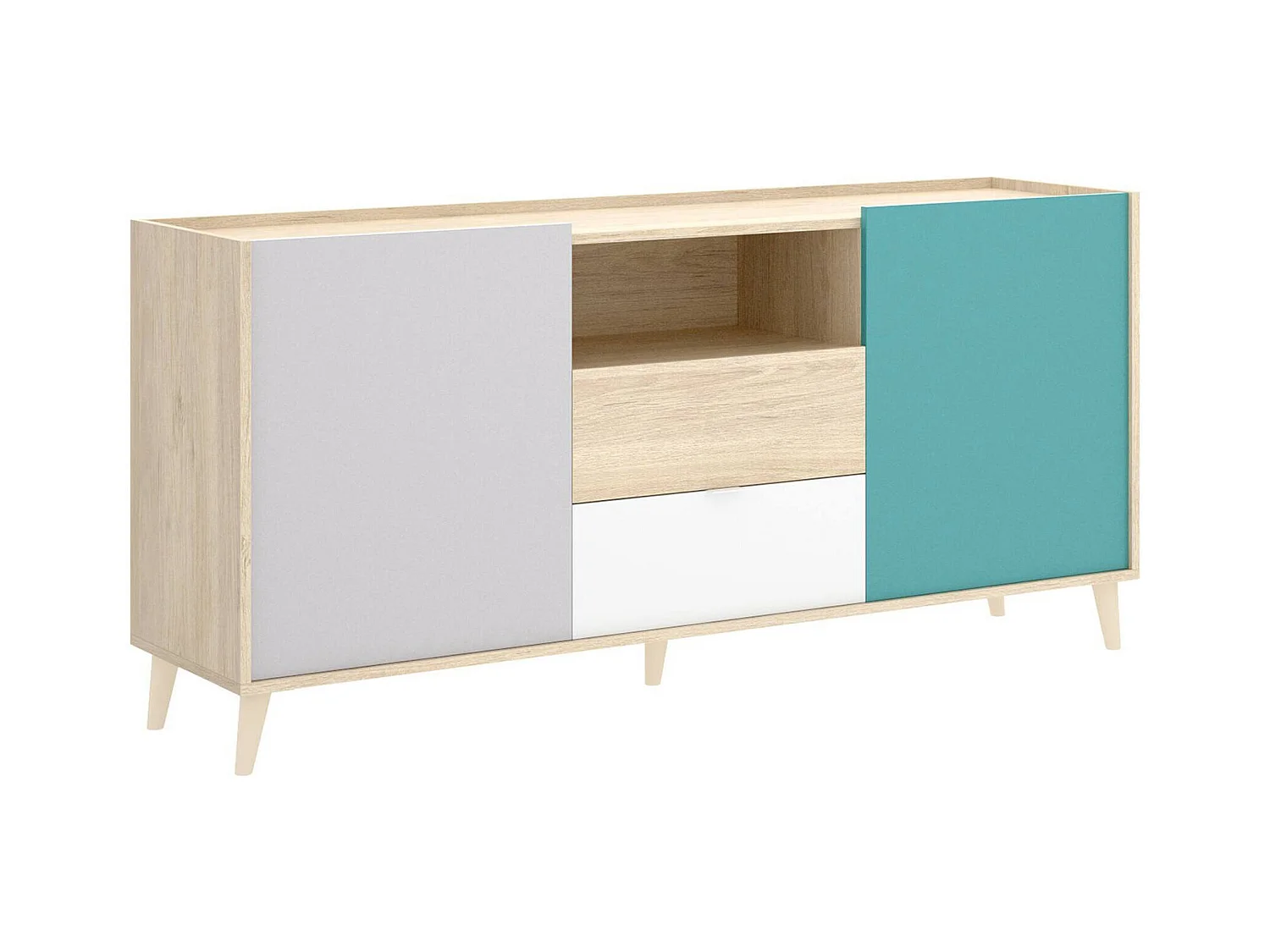 Buffet Dmaje, Buffet de salon, Buffet de salon moderne avec 2 portes, 155x43h75 cm, Blanc et Chêne