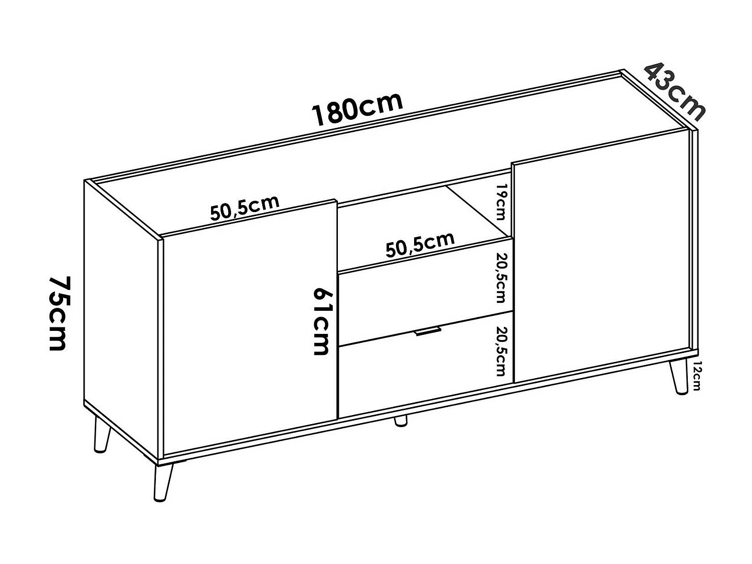 Buffet Dmaje, Buffet de salon, Buffet de salon moderne avec 2 portes, 155x43h75 cm, Blanc et Chêne