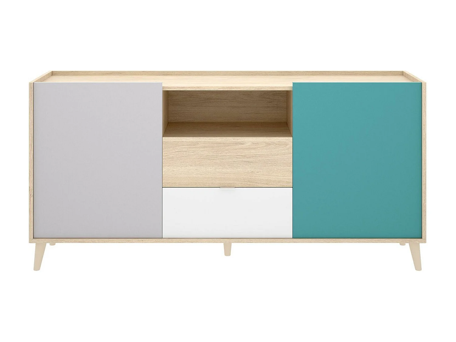 Buffet Dmaje, Buffet de salon, Buffet de salon moderne avec 2 portes, 155x43h75 cm, Blanc et Chêne