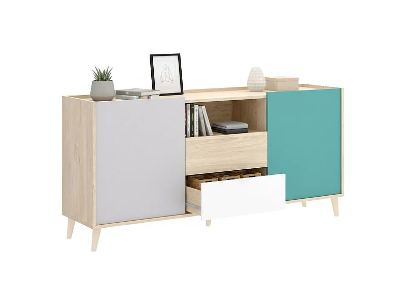 Buffet Dmaje, Buffet de salon, Buffet de salon moderne avec 2 portes, 155x43h75 cm, Blanc et Chêne