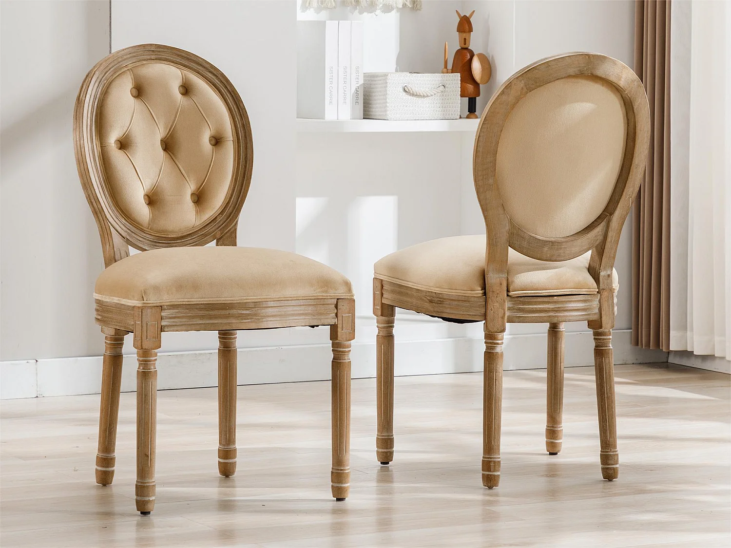 Lot de 2 chaises en velours avec boutons capitonnés - cadre en bois massif - Marron