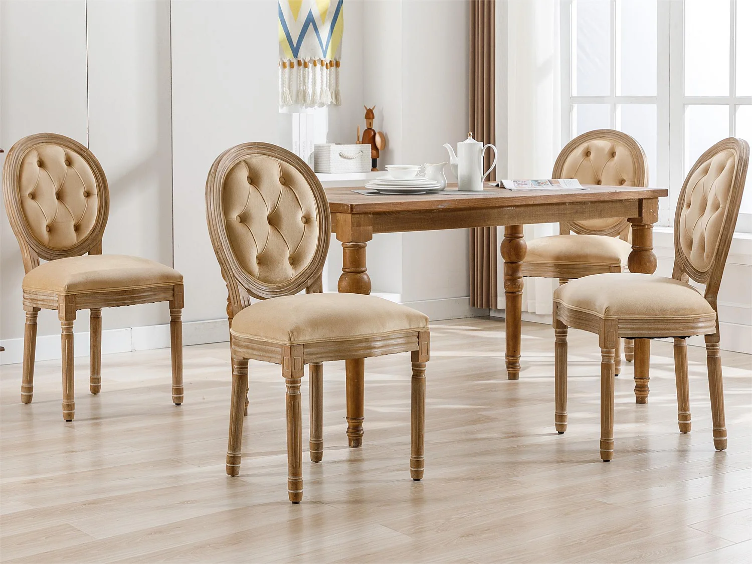 Lotto di 4 chaise longue in velluto con bottoni capitonnés - cadre in bois massif - Marron