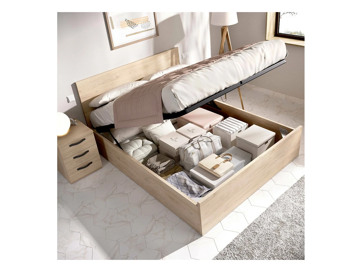 Lit double Piglione, Cadre de lit Sommier inclus, Structure lit coffre pour matelas 150x190 cm, 197x158h95 cm, Chêne