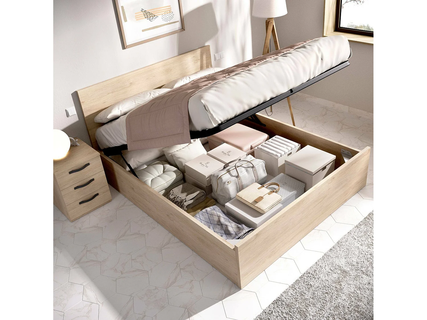 Dmora Letto Matrimoniale Piglione 158x197 cm Marrone Rovere Contenitore Dimensione Materasso 150x190 cm, Rete Inclusa