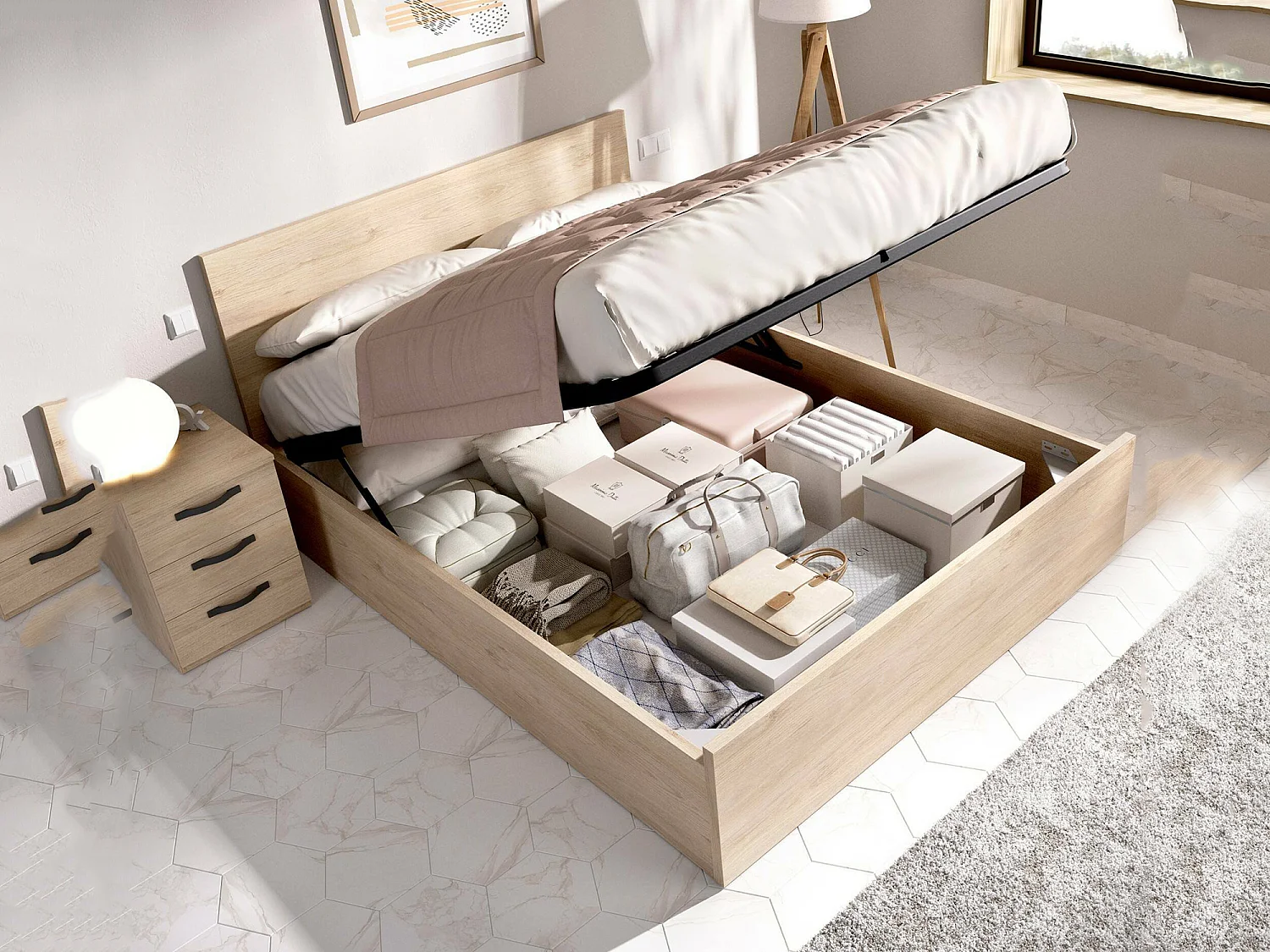 Dmora Letto Matrimoniale Piglione 158x197 cm Marrone Rovere Contenitore Dimensione Materasso 150x190 cm, Rete Inclusa