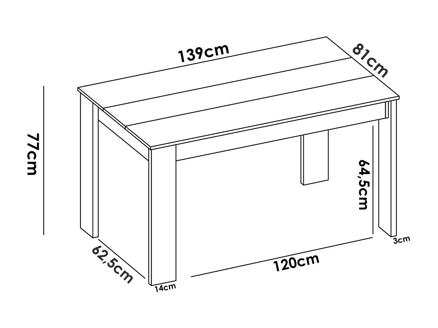 Dbagatt vaste tafel, Multifunctionele eettafel, Rechthoekige keuken- of eetkamertafel, 139x81h77 cm, Wit