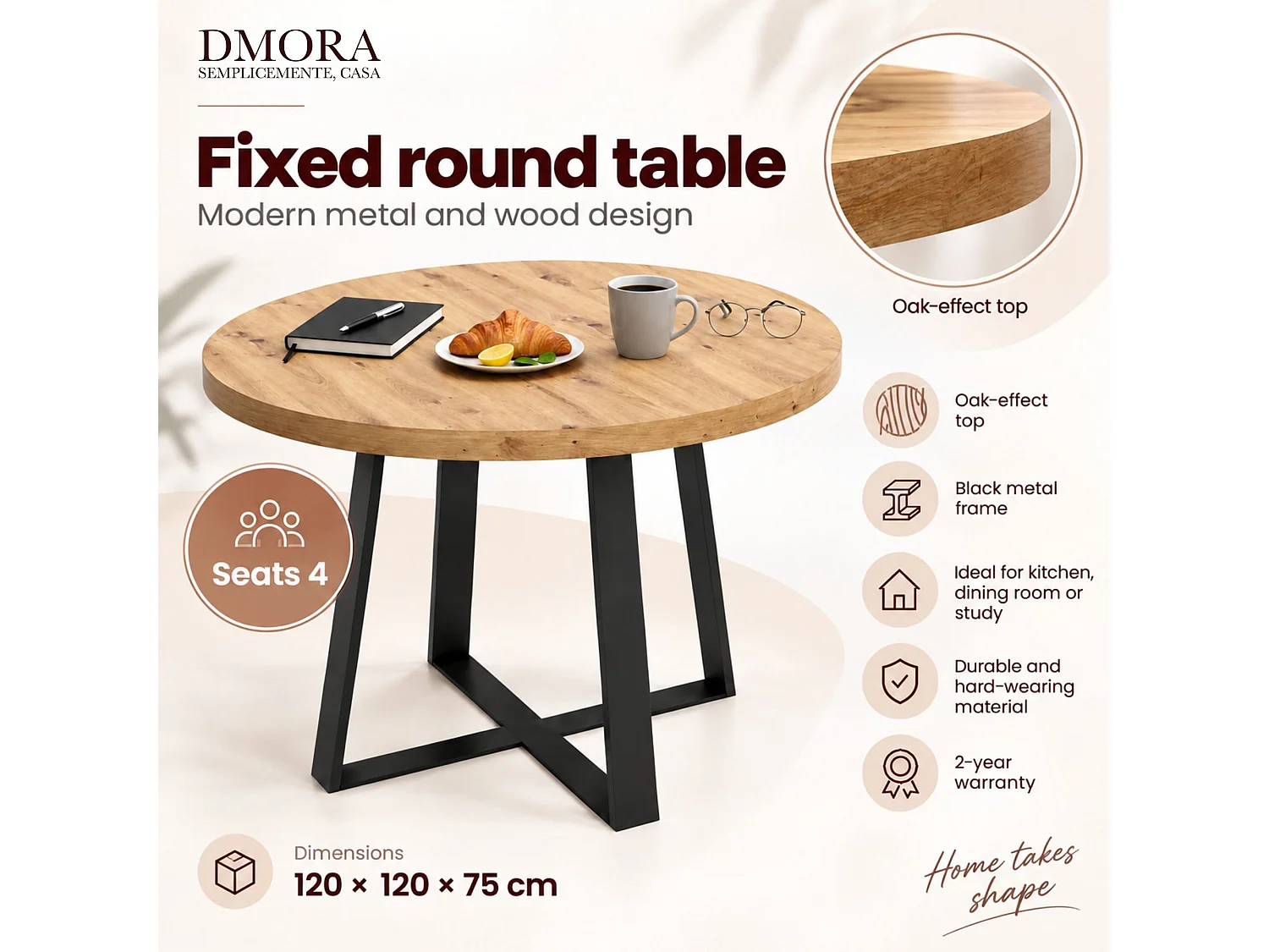 Table fixe Daureli, Table à manger polyvalente, Table ronde de cuisine ou de salle à manger, 120x120h75 cm, Chêne Nodi