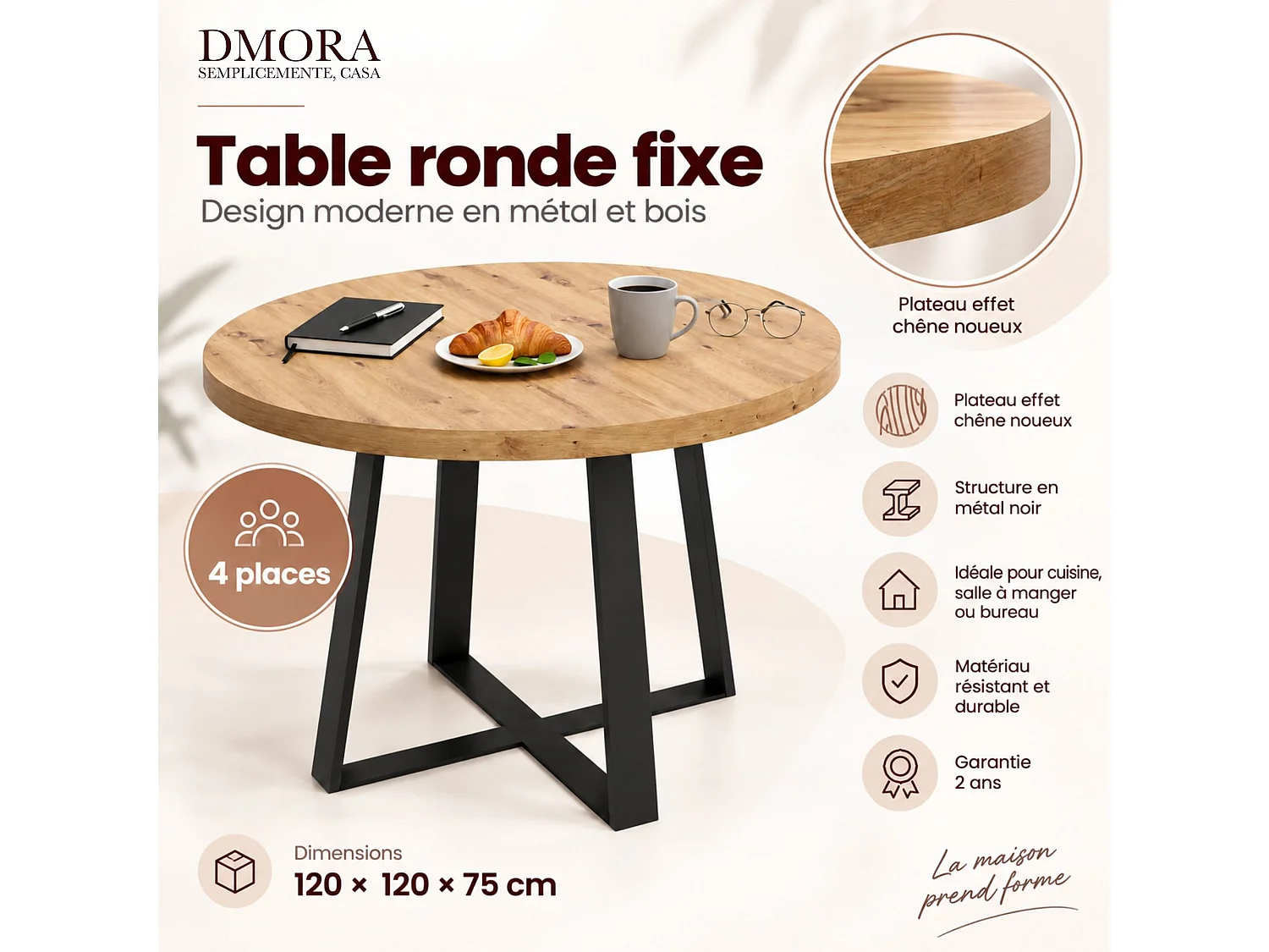 Table fixe Daureli, Table à manger polyvalente, Table ronde de cuisine ou de salle à manger, 120x120h75 cm, Chêne Nodi