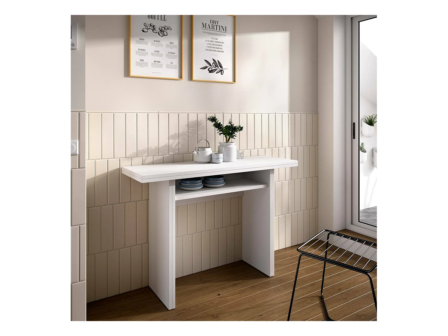Console extensible Rodella, Console auxiliaire extensible multi-positions, Table à manger pliante avec plateau rabattable, 110x33/66h75 cm, Blanc