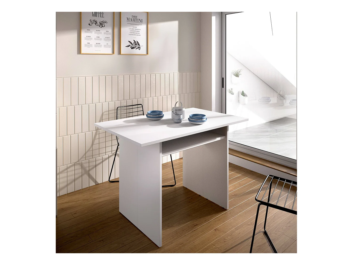 Console extensible Rodella, Console auxiliaire extensible multi-positions, Table à manger pliante avec plateau rabattable, 110x33/66h75 cm, Blanc