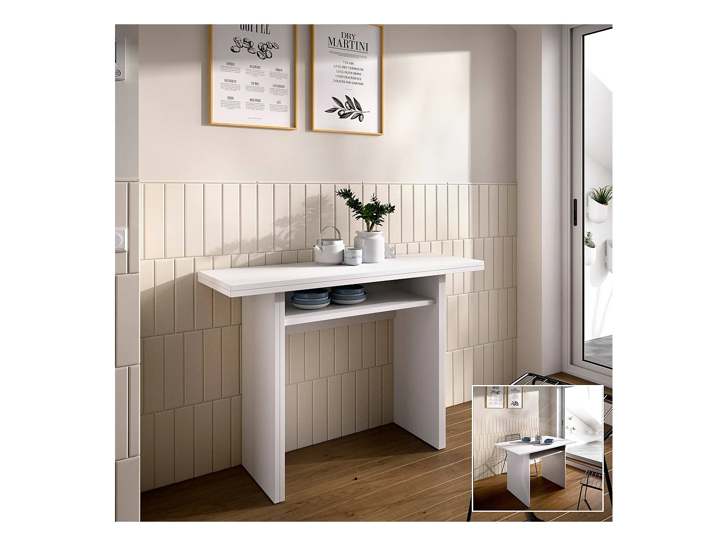 Console extensible Rodella, Console auxiliaire extensible multi-positions, Table à manger pliante avec plateau rabattable, 110x33/66h75 cm, Blanc