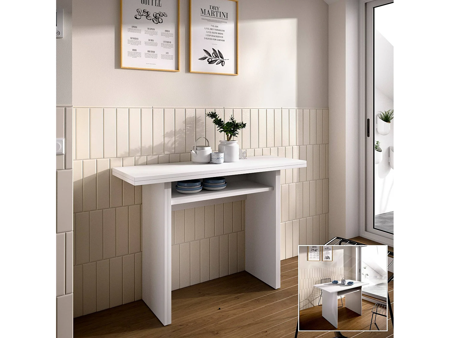 Console extensible Rodella, Console auxiliaire extensible multi-positions, Table à manger pliante avec plateau rabattable, 110x33/66h75 cm, Blanc