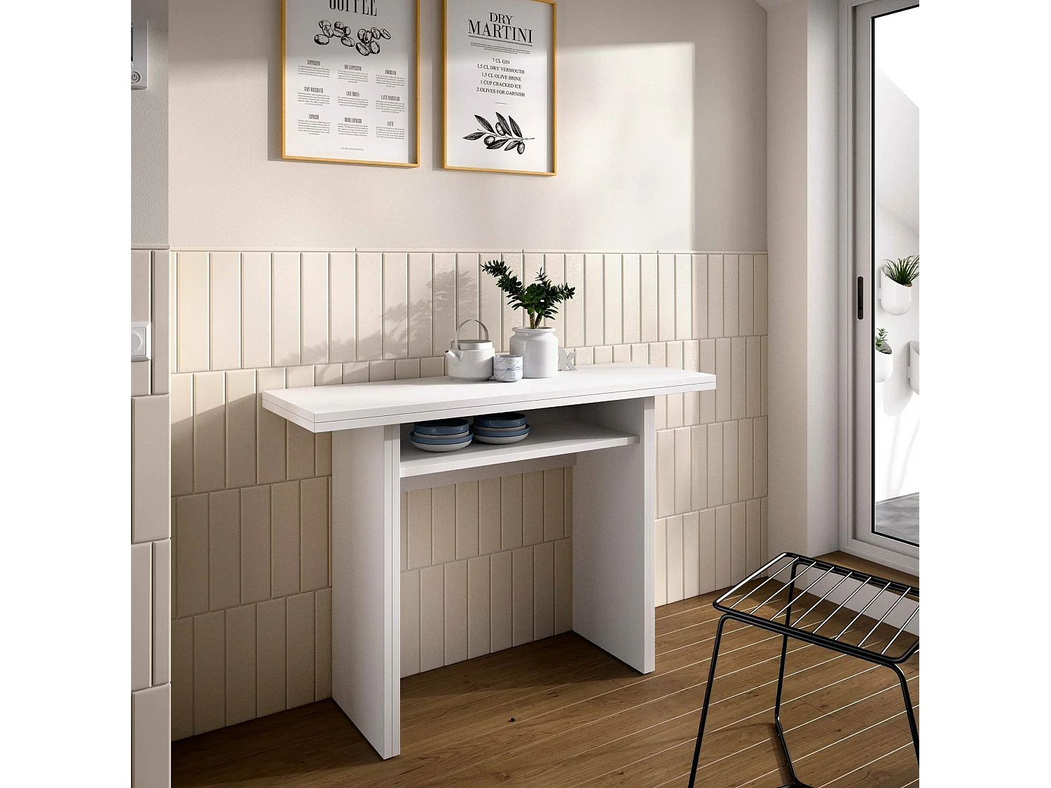 Console extensible Rodella, Console auxiliaire extensible multi-positions, Table à manger pliante avec plateau rabattable, 110x33/66h75 cm, Blanc