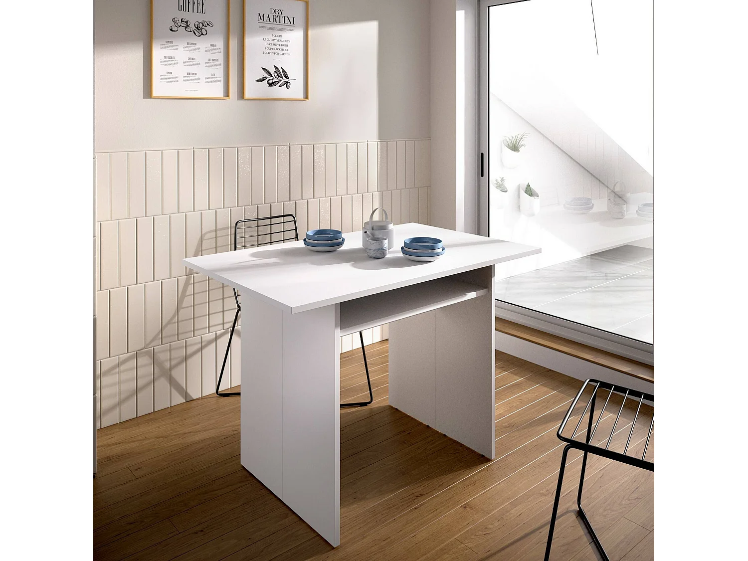 Console extensible Rodella, Console auxiliaire extensible multi-positions, Table à manger pliante avec plateau rabattable, 110x33/66h75 cm, Blanc