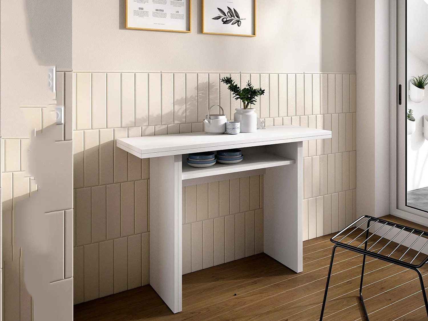 Console extensible Dmanuel, Console auxiliaire extensible multi-positions, Table à manger pliante avec plateau rabattable, 110x33/66h75 cm, Blanc