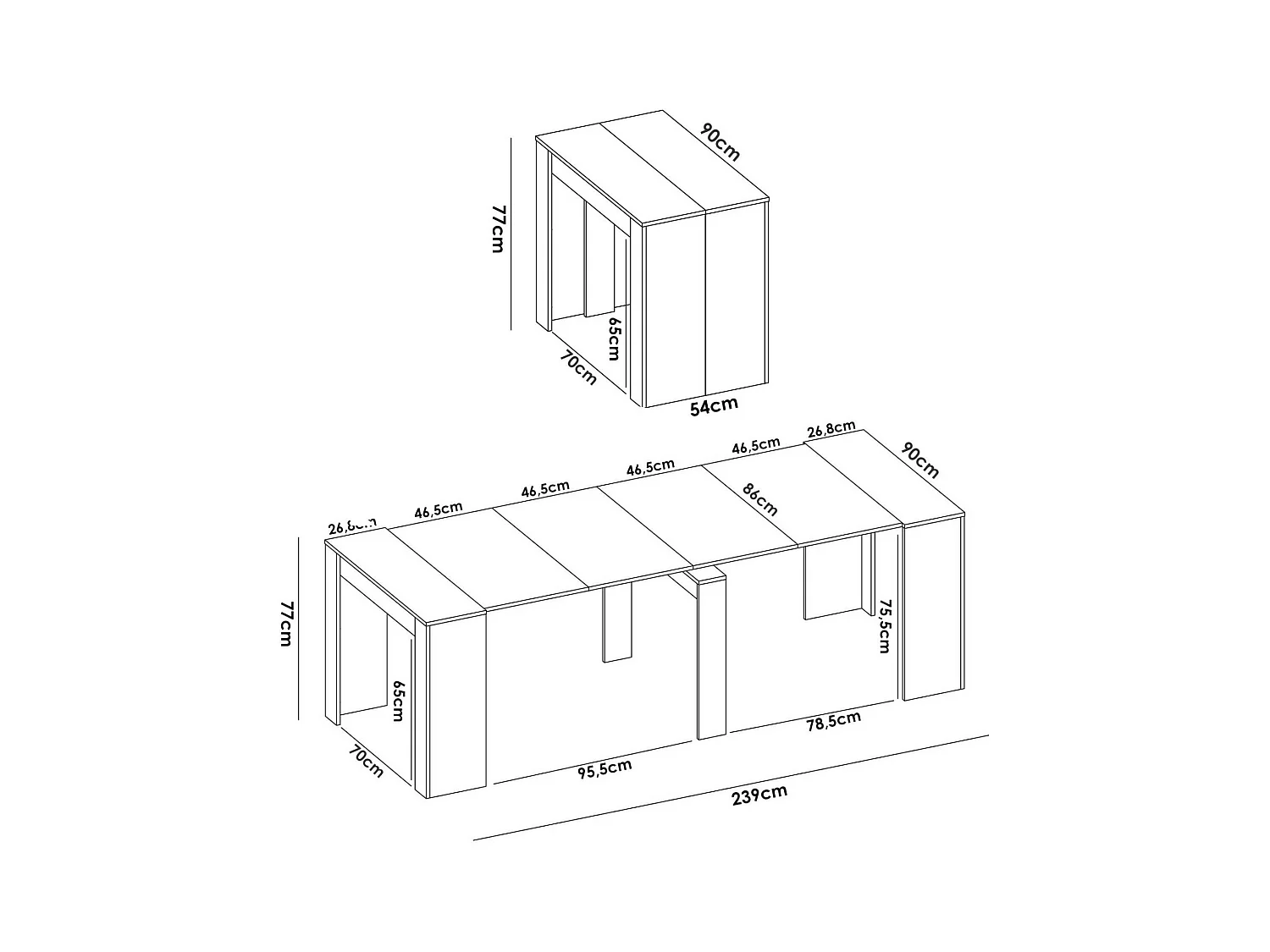 Console extensible Cognolo, Console extensible multi-positions, Table à manger polyvalente, 54/239x90h77 cm, Chêne