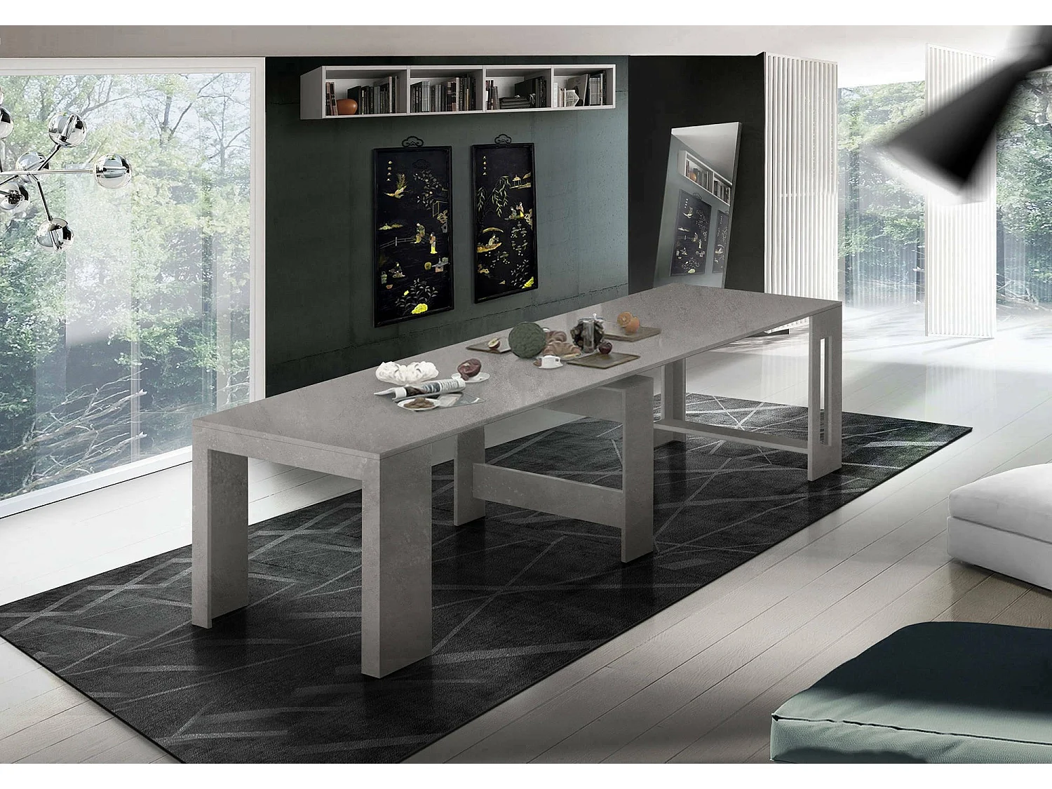Consola extensible Dguigo, Consola extensible hasta 12 plazas, Mesa con soporte extensible, 100% Made in Italy, cm 51/300x90h77, Mármol gris