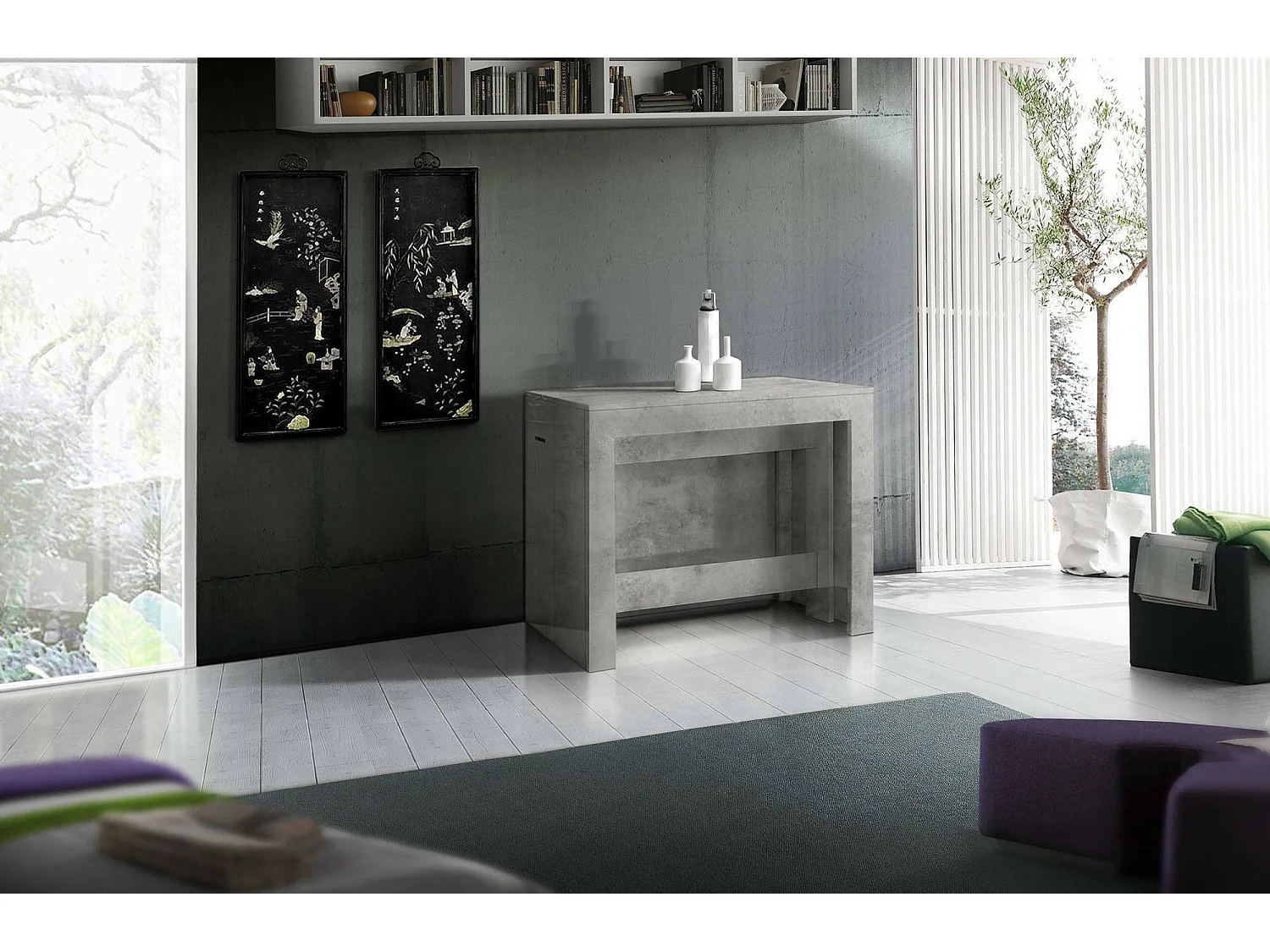 Dguigo uitschuifbare console, Uitschuifbare console tot 12 zitplaatsen, Tafel met verlenghouders, 100% Made in Italy, 51/300x90h77 cm, Grijs marmer