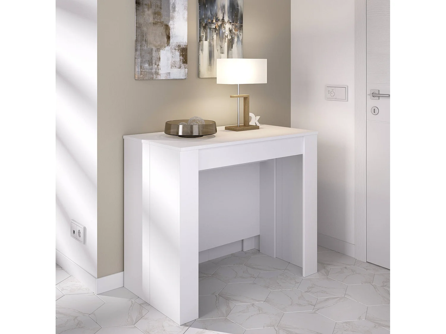 Console extensible Cognolo, Table à manger polyvalente, Console extensible multiposition avec support d'extension inclus, 54/239x90h77 cm, Blanc