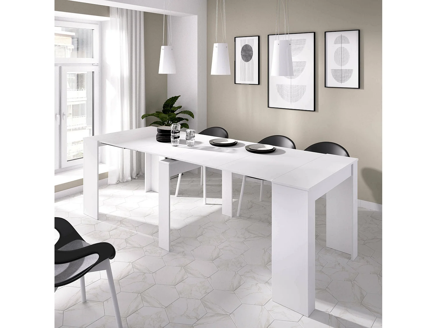 Console extensible Cognolo, Table à manger polyvalente, Console extensible multiposition avec support d'extension inclus, 54/239x90h77 cm, Blanc