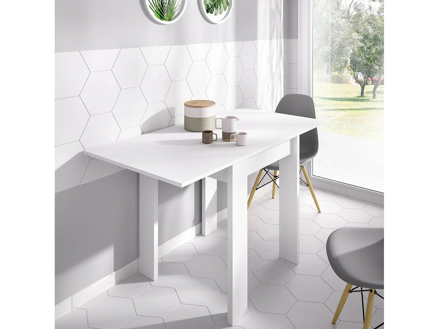 Table extensible Comer, Console extensible multi-positions, Table console auxiliaire pliante, 79/134x67h79 cm, Blanc