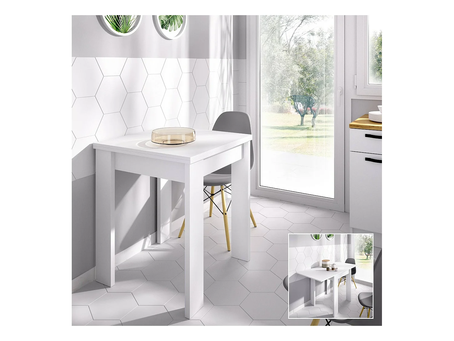 Table extensible Comer, Console extensible multi-positions, Table console auxiliaire pliante, 79/134x67h79 cm, Blanc