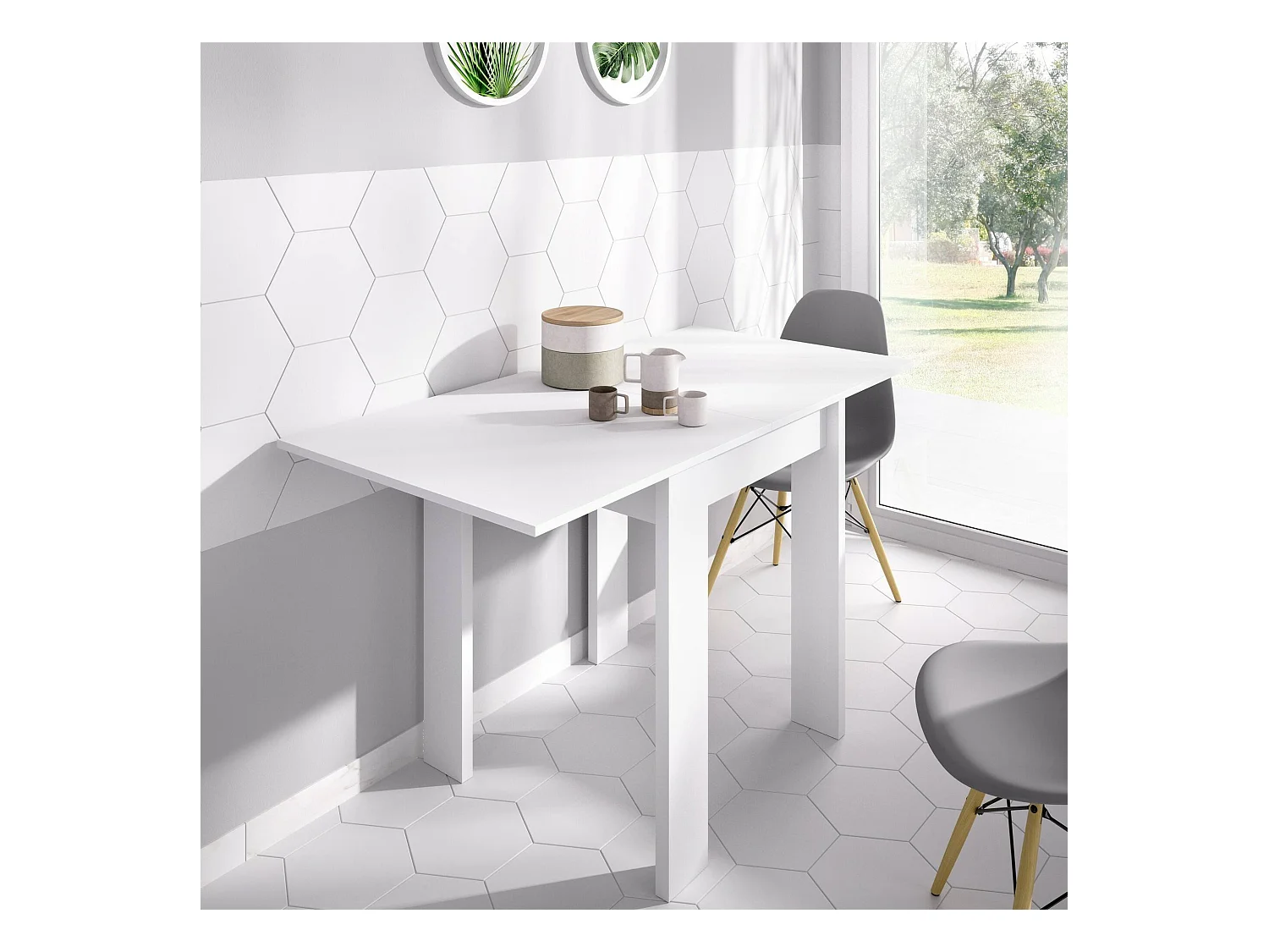 Table extensible Comer, Console extensible multi-positions, Table console auxiliaire pliante, 79/134x67h79 cm, Blanc