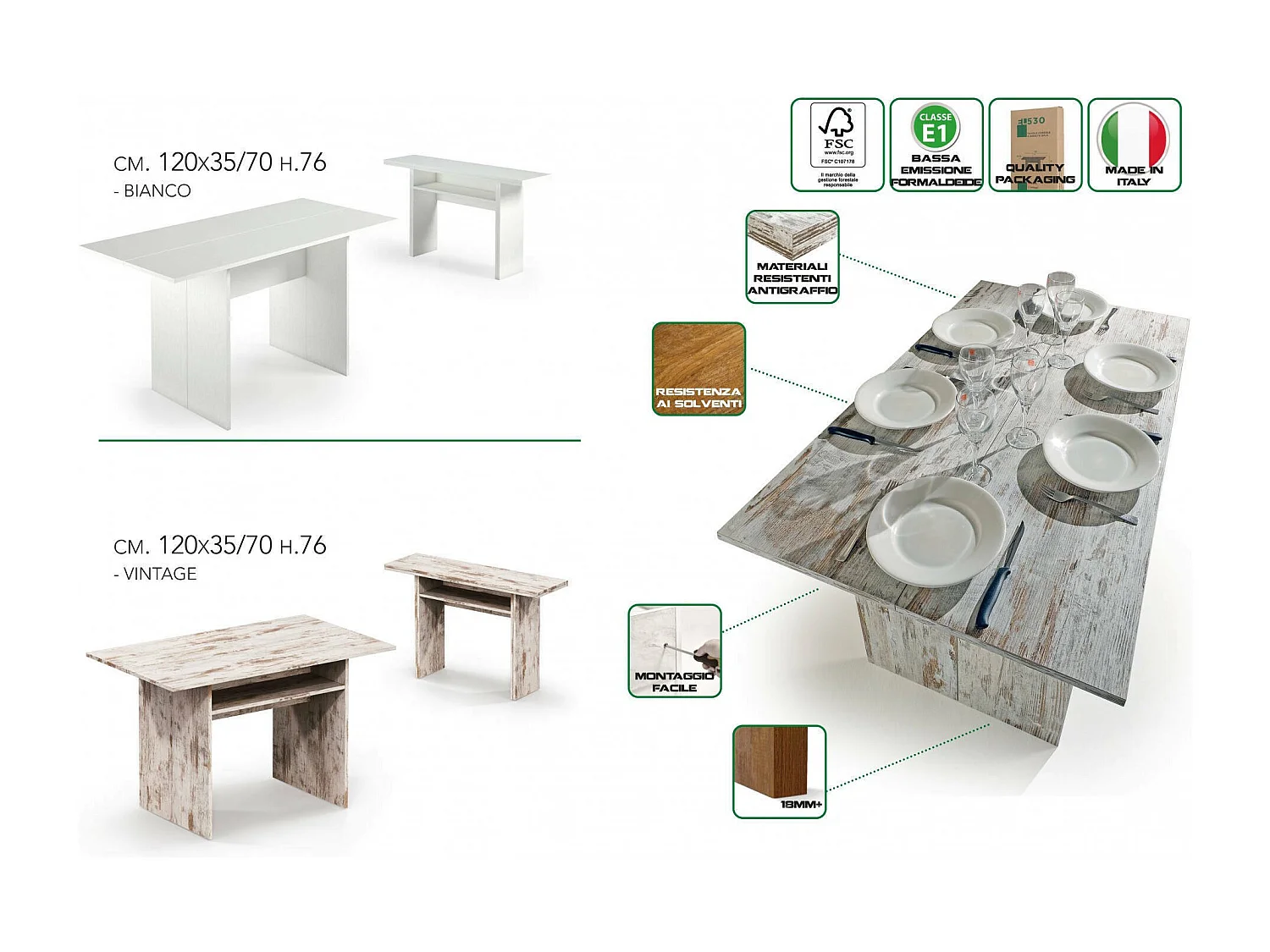 Consola extensível Dwales, Mesa de jantar com abertura para livro, Consola multiuso extensível, 100% Fabricado em Itália, 120x70h75 cm, Vintage